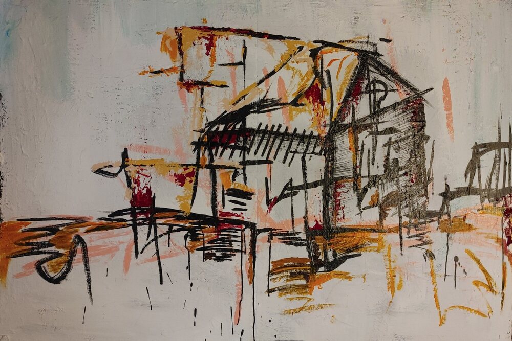 Architectural Abstraction in Black, Ochre and Red, acrylic and mixed media painting by Jake DeBus, 2025–2026