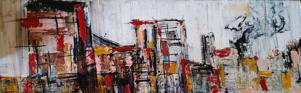Cityscape, acrylic and mixed media painting by Jake DeBus, 2025–2026