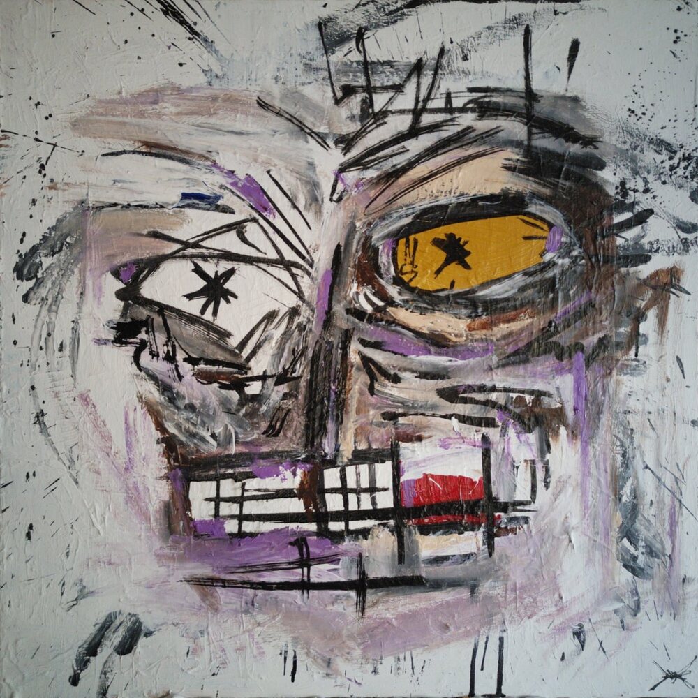 Expressive Figure (Yellow Eye), acrylic and mixed media painting by Jake DeBus, 2025–2026