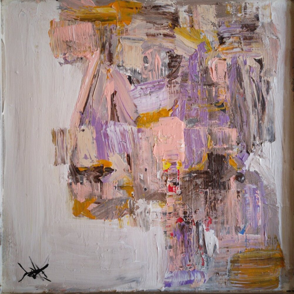 Face with Eye Motif, acrylic and mixed media painting by Jake DeBus, 2025–2026