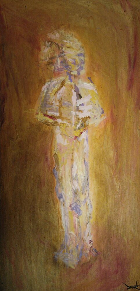 Ghost Figure on Ochre, acrylic and mixed media painting by Jake DeBus, 2025–2026