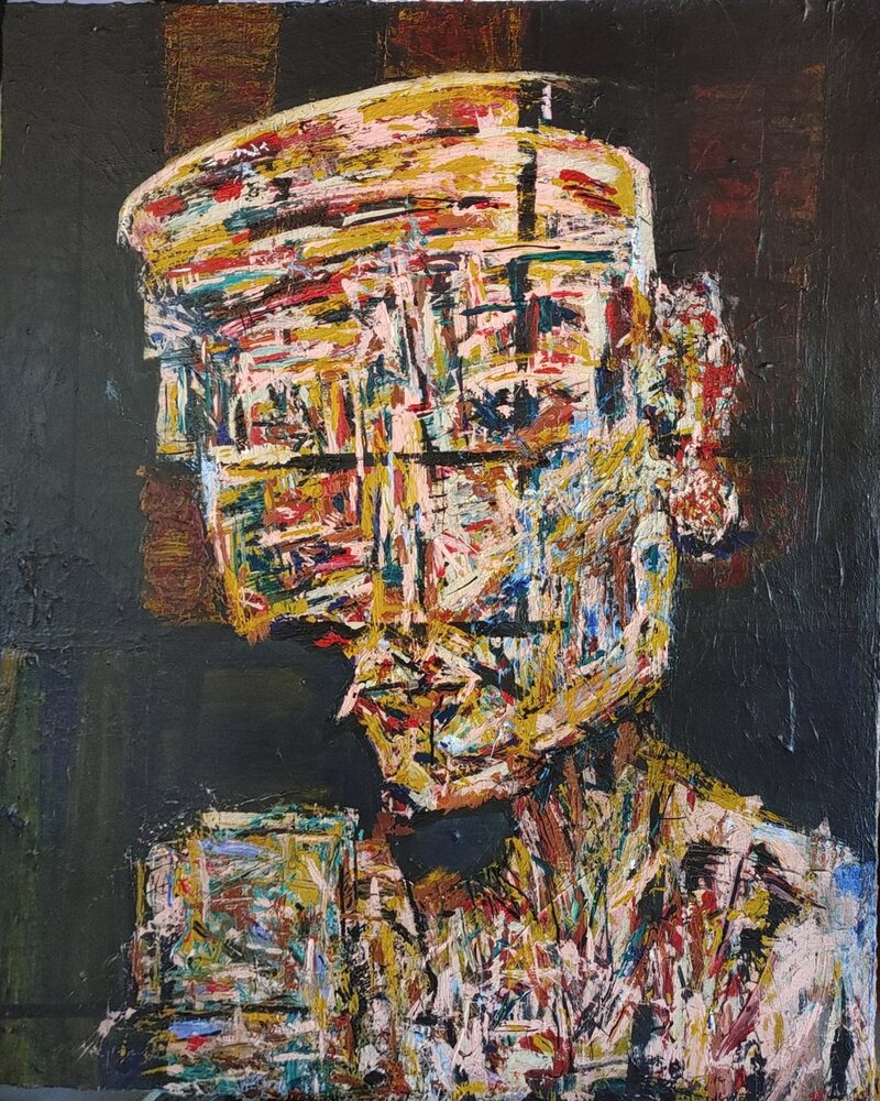Impasto Head on Black, acrylic and mixed media painting by Jake DeBus, 2025–2026