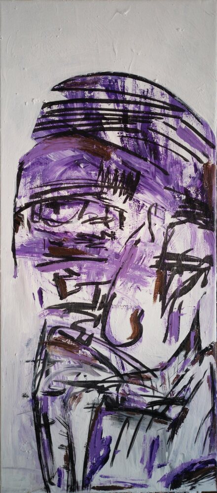 Purple Head, acrylic and mixed media painting by Jake DeBus, 2026
