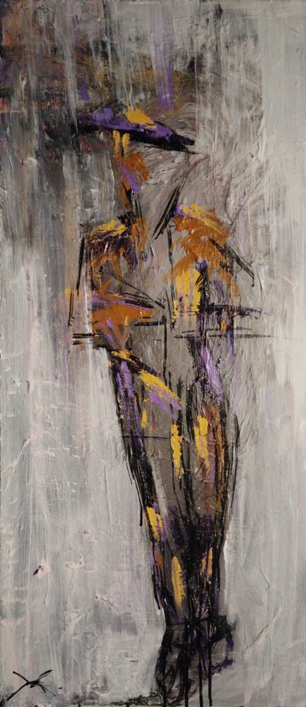 Standing Figure in Violet, acrylic and mixed media painting by Jake DeBus, 2025–2026