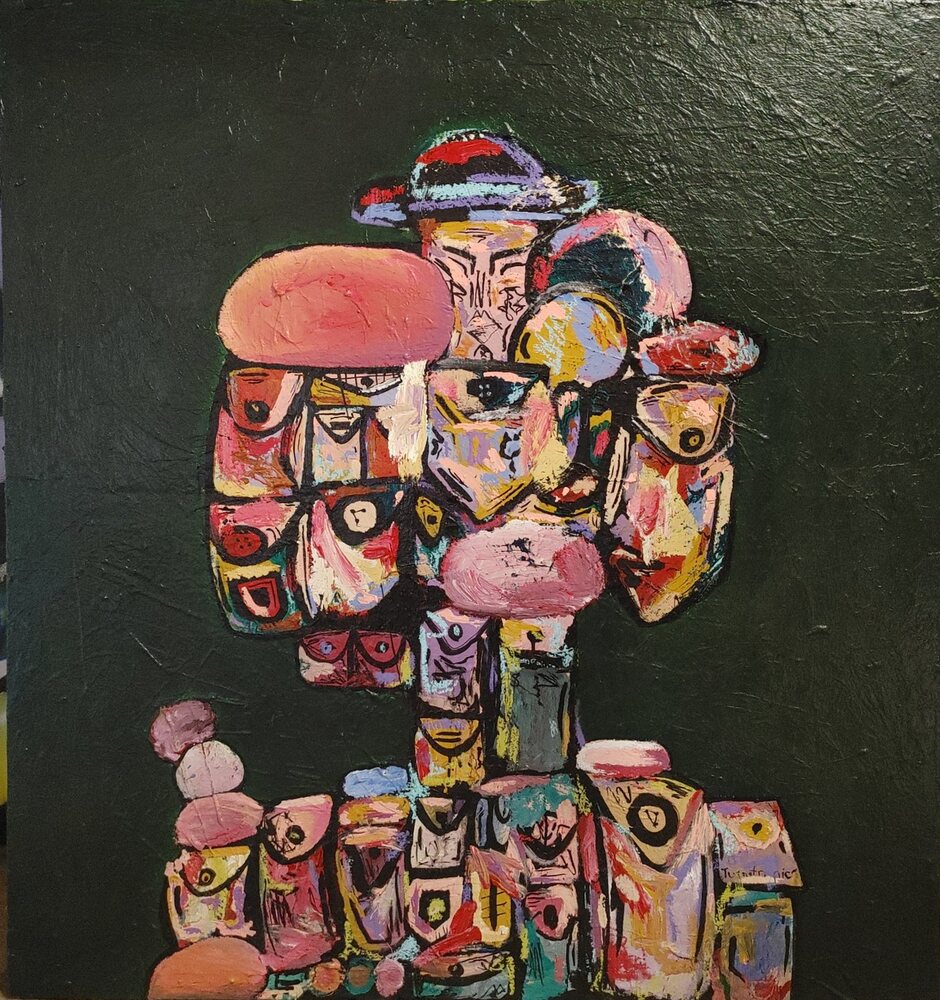 Totem of Faces, acrylic and mixed media painting by Jake DeBus, 2025–2026